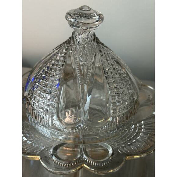 Vintage Gold Trim Glass Butter Dish Cheese Dome Cover 2pcs Covered Lid - Picture 3 of 15
